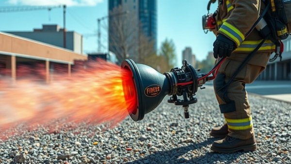 Fire suppression technology using sound waves demonstrated by firefighter in urban setting.