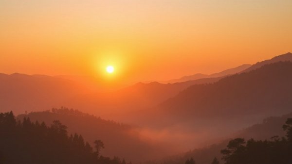 Ethereal sunrise over a misty mountain landscape, global renewable energy advancements concept.