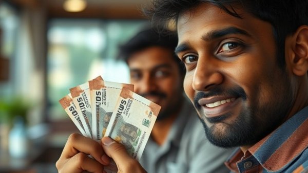Young Indian man holding rupee notes, finance habits.