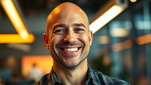 Cheerful man indoors, vibrant neon-lit setting.