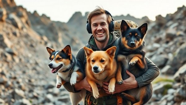 Lost dog rescue scene with hiker and two dogs on rocks.