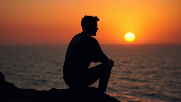 Men's Loneliness Friendship Gap concept with man sitting alone at sunset.