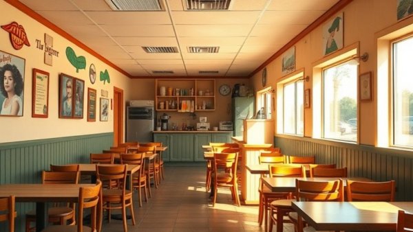 Cozy small island diner with wooden tables and natural light.
