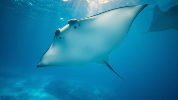 Photorealistic manta ray in serene blue ocean, symbolizing positive business news.