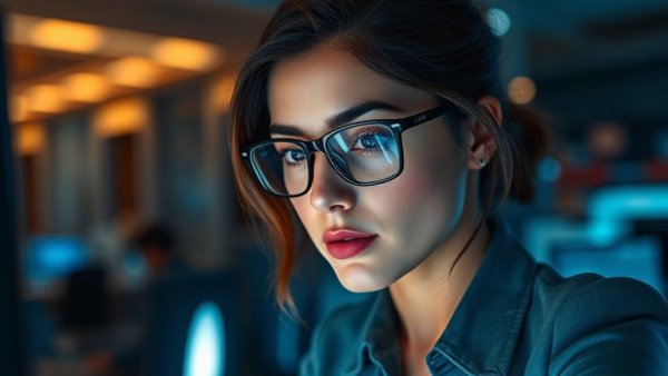 AI productivity boosts with woman focusing on screen, AI reflecting in glasses.