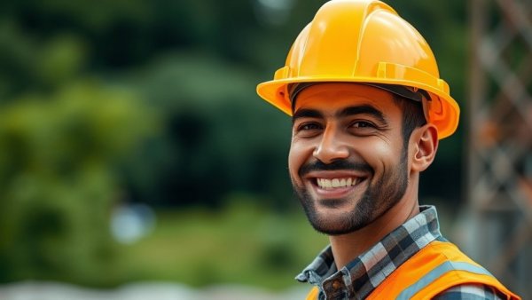 Construction worker smiling, blurred green background.