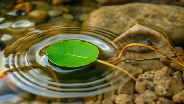 Green leaf on rippling water symbolizing leadership resilience.