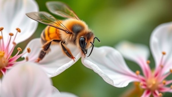 Bee gathering pollen on pink flowers, in soft green background.