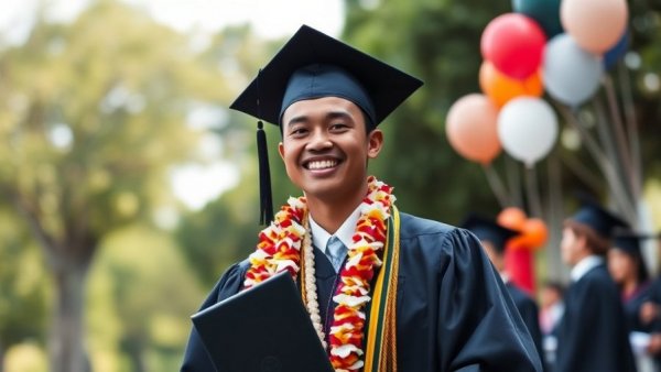 Proud graduate with lei celebrating at an outdoor ceremony, formerly incarcerated mentors.