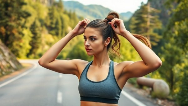 Woman tying hair on mountain road, highlighting workout routine benefits for hair care