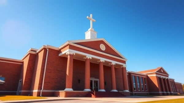 Virginia megachurch with columns and cross under clear sky.