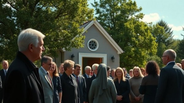 Strangers gather outside chapel for funeral, hearse in front.