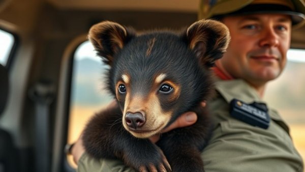 Rescued bear cub held by officer after bear cub rescue.