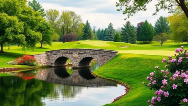 Lush golf course with stone bridge reflecting on water, Masters Tournament history.
