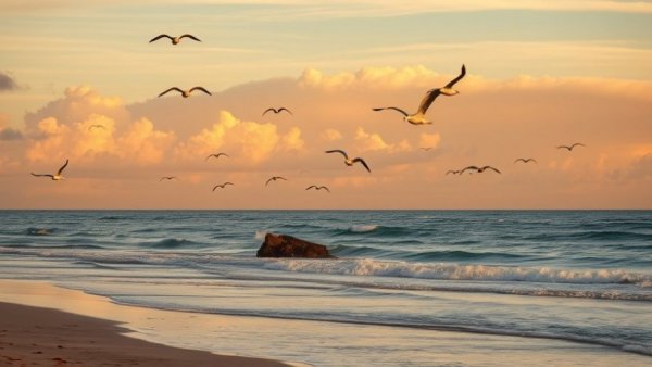 Serene beach sunrise with seagulls flying over calm waves.