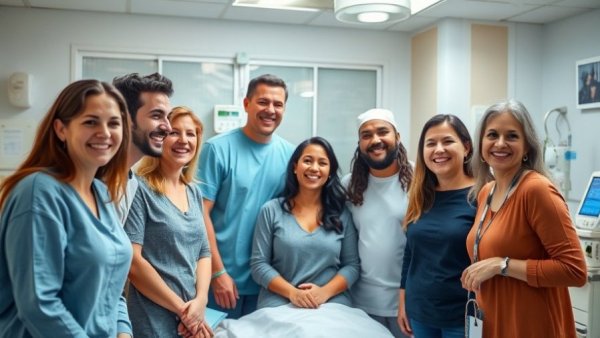 Group smiling in hospital room, conveying support.