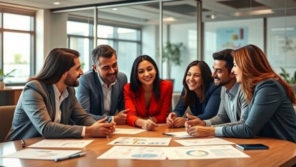 Diverse team discussing ideas in a modern office setting, depicting workplace culture and accountability.