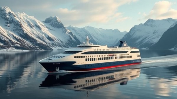Zero-emission electric ferries in pristine fjord with snowy mountains.