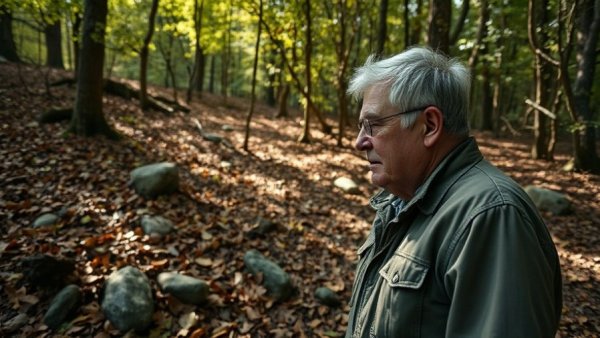 Man inspecting forest for Sacred Groves Conservation, observing ecosystem.