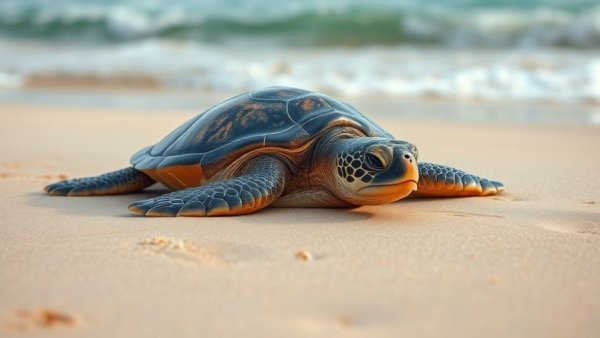 Endangered sea turtle on sandy beach for cleanup.