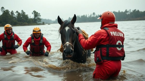 Rescue team aiding horse in floodwaters.