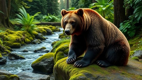 Kermode bear sitting in a lush forest by a stream.