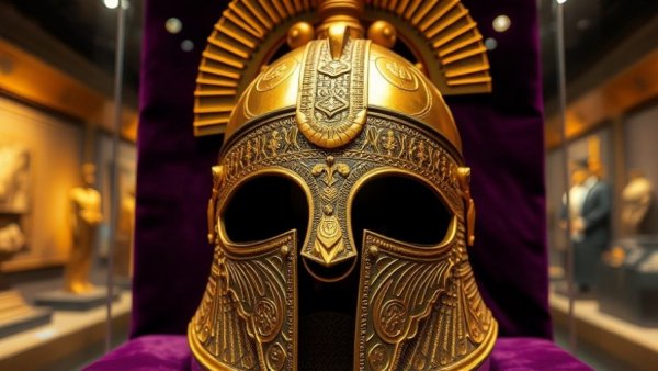Recovered ancient golden helmet with detailed engravings on display.