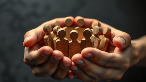 Wooden figures encircled by hands symbolizing workplace culture diagnosis.