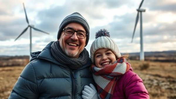 Father and daughter enjoy a day near a wind turbine, symbolizing community-owned green energy investment.