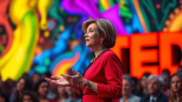 Inspiring female speaker at TED event, steps for change theme.