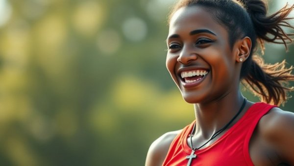 Smiling athlete in red vest outdoors symbolizing positive business news.