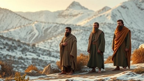 Ancient humans wearing early stitched clothing in a snowy landscape.