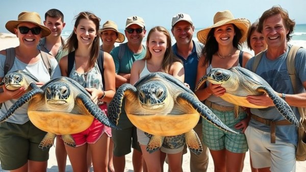 Conservationists holding Kemp's ridley sea turtles on a sunny beach.