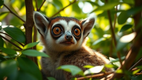 Bengal slow loris with expressive eyes in a forest setting.