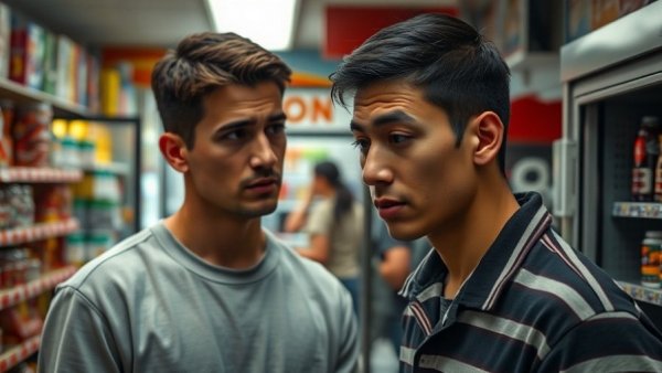 Gas station clerk talks to customer in store