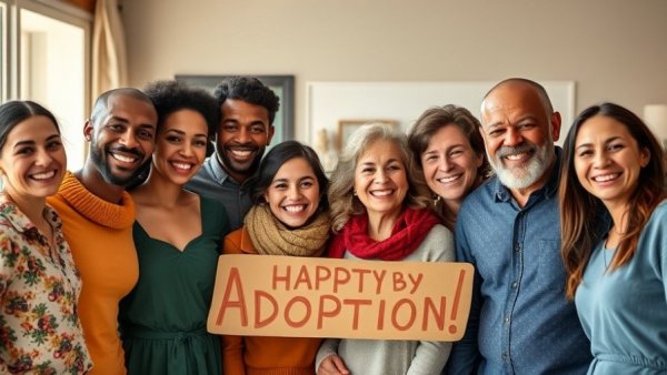 Joyful adoption day celebration with diverse group.