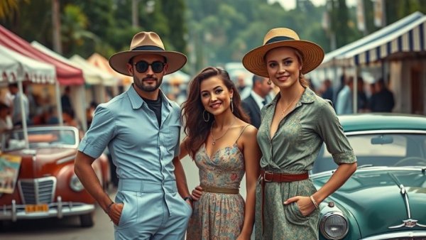 Fashionable people at sustainable London market with vintage style.