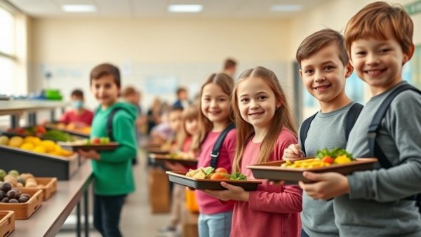 Children enjoy healthy meals in school cafeteria, good news for entrepreneurs.