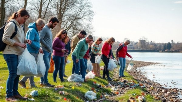 Volunteers cleaning up litter by riverside for Mr. Trash Wheel initiative.