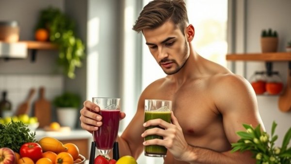 Young man making a smoothie for post-workout nutrition