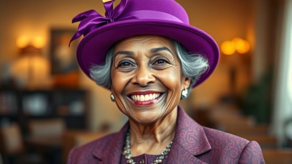 Queen Elizabeth II 100th birthday celebration image with vibrant hat and outfit.