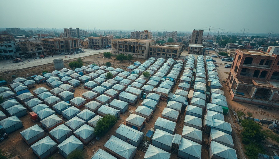 Aerial view of refugee tents in a city affected by conflict, illustrating impact on infrastructure.
