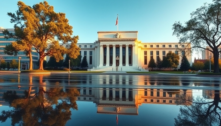 Federal Reserve building reflecting in wet pavement, trees, and sky.