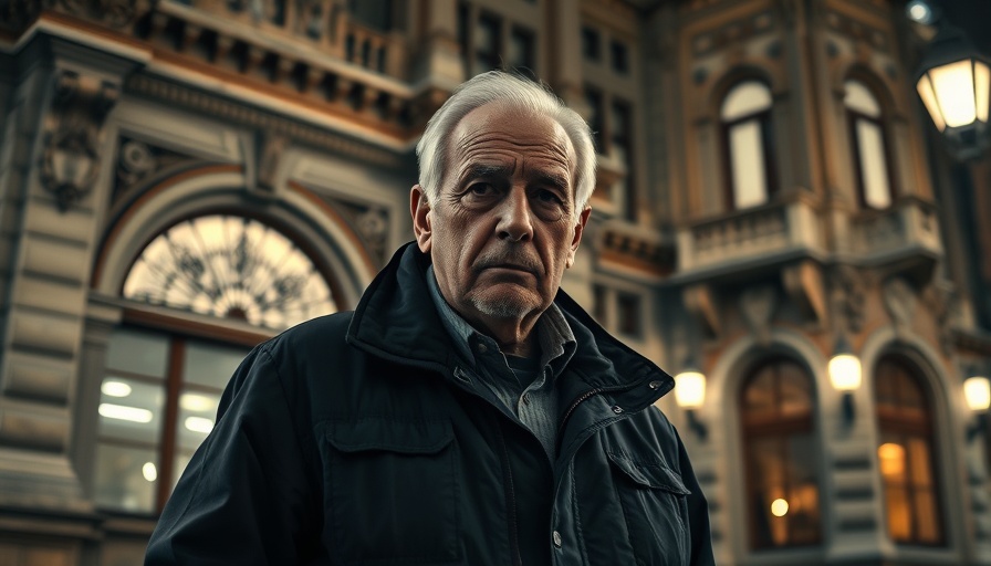 Elderly man outside a historic building at night, serious expression.