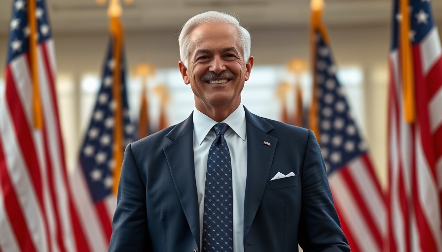 Distinguished man smiling in front of American flags representing Fed interest rate cuts 2023.