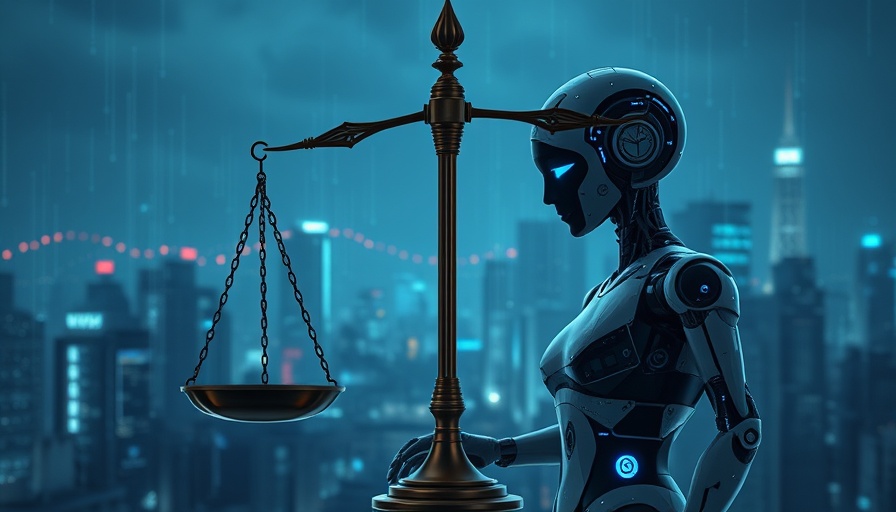 Conceptual art of AI chatbot facing defamation claim, with justice scales.