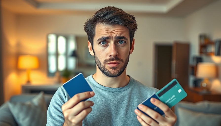 Young adult worried about credit card debt in stylish apartment.