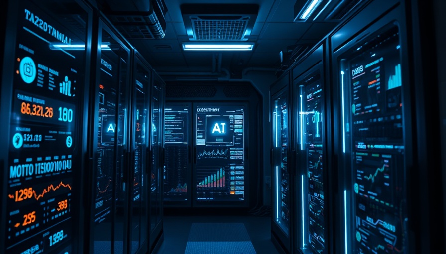 AI server room illustrating stock growth strategies in a futuristic setting with glowing interfaces.
