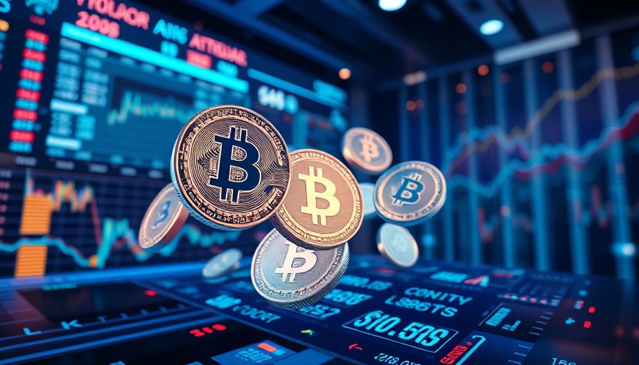 Futuristic digital scene of tokenized stocks with tokens and charts.