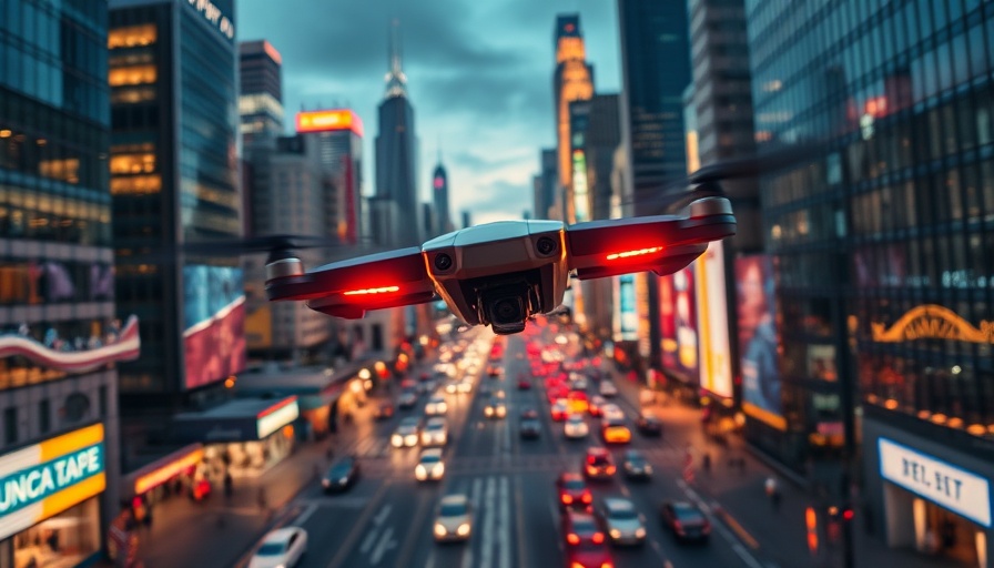 Futuristic drone hovering in a cityscape driving innovation in delivery operations.